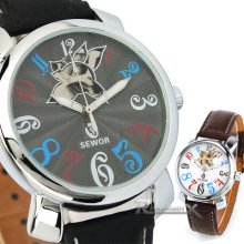 Multicolor Arabic Numerals Self-wind Mechanical Skeleton Men Lady Leather Watch