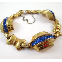 Nautical Rhinestone Link Bracelet Gold Tone Blue Vintage (n74) Nautical Rhinestone Link Bracelet Gold Tone Blue Vintage (n74)