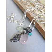 Necklace - sterling silver, wire wrapped, oxidised, rose quartz, carved prehnite, rock crystal quartz, chrysoprase, Karen silver - Blossom