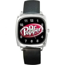 NEW* HOT BLACK DR PEPPER Square Metal Watch LeatherBand - Leather - Silver