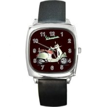 NEW* HOT GREEN VESPA CLASSIC Square Metal Watch - Leather - Silver
