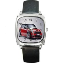 NEW* HOT RED MINI COOPER Square Metal Watch LeatherBand - Leather - Silver