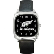 NEW* HOT RUGBY ALL BLACK Square Metal Watch LeatherBand - Leather - Silver