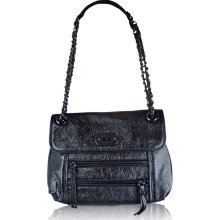 New Rafe Black Crinkle Metallic Leather Designer Handbag Chain Shoulder Strap