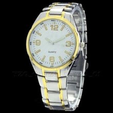 Noble Men Gentlemen Quartz Wrist Watch Watches Silver+gold Clr Band White Dial