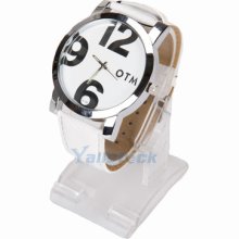 Noblest Pu Leather Round Dial Numeric Quartz Wrist Watch Men Ladies Unisex White