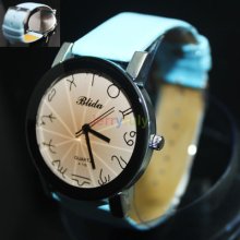 Number Sign Classic Automatic Time Gift Blue Leather Band Read Quartz Watch