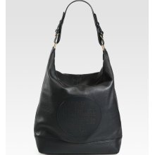 NWT Authentic Tory Burch Perforated Leather LOGO Kipp Hobo **BLACK** MSRP $495