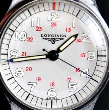 Old Longines Military Pilots Army Ww2 Vintage Watch 24 Hours Dial Cal 12l C 1940