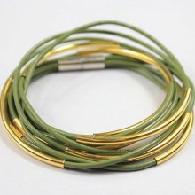 Olive green genuine leather bracelet with gold tubes and magnetic clasp z511