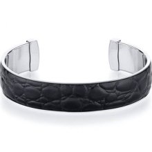 Oravo Black Leather Motif Steel Mens Cuff Bracelet