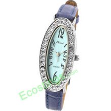 Oval Face Ladies Leather Wrist Watch + Purple Slim Strap