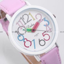 Pencil Hands Arabic Dial Pink Leather Girl Quartz Lady Sport Lovely Wrist Watch