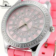 Pink Diamond Bezel Womens Watch - Stainless Steel - Pink - 8.5