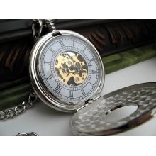 Pocket Watch Engraved Silver Roman, Mechanical Pocket Watch - Groomsmen - Men - Victorian Steampunk Era - Watch - Item MPW155