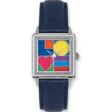 Postage Stamp Mod Love Blue Leather Band Watch ring