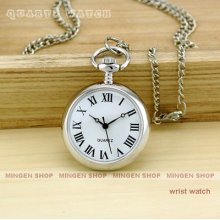 Pq049 - Silver White Roman Numerals Men's Lady Quartz Necklace Pocket Watch