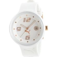 Puma Logo Glossy White Round W/ Rose Gold Sparkly Accents Women's Sports Watch