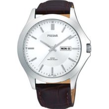 Pxf289x1 Pulsar Mens Gents Day & Date Display Leather Strap Watch
