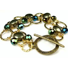Pyrite and Antique Gold Hammered Ring Bracelet and Earring Set