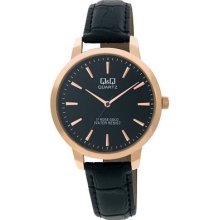 Q&q By Citizen C154j702y Rose Gold Tone Black Leather Strap Men's Watch