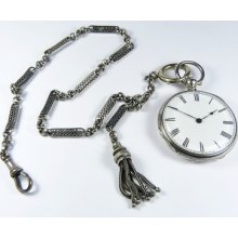 Quality Antique Solid Silver Pocket Watch + Albert Watch Chain + Tassel 1900