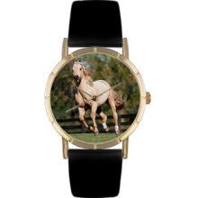 Quarter Horse Black Leather And Goldtone Photo Watch