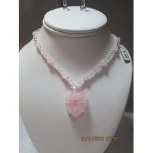 R9 Natural Flower Fashion Rose Quartz Pink Crystal Necklace Earing Reiki Healing