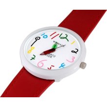 Red Number Dial Pencil Hands Girls' Analog Wrist Watch W/ Faucy Leather Womage