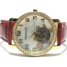 Red Strap Shiny Blin Tortoise Womens Crystal Watch Acg5