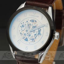 Retro Blue Coat Glass +skeleton Men Auto Mechanical Leather Wrist Watch Am80
