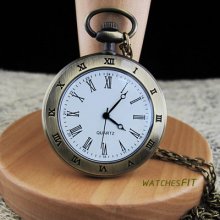 Retro Bronzed Classic Roman Numerals Open Face Quartz Pendant Pocket Watch Chain