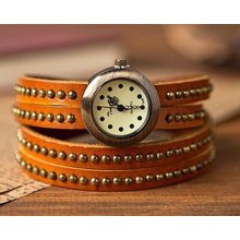 Retro green bronze header double row nail leather ladies watch