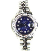 Rolex Like New Ladies Steel Datejust w/ Custom Blue Diamond Dial w/ Custom Diamond Bezel - 80's