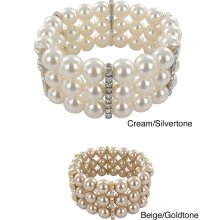 Roman Faux Pearl Crystal Stretch Bracelet (Beige / Goldtone)