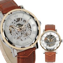 Roman Number Hand-winding Skeleton Brown Leather Men Mechanical Watch+gift Box