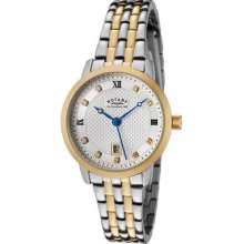 Rotary Womens White Swarovski Crystal Silver Textured Dial Two Tone Casual Watch
