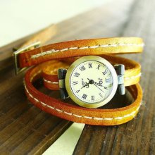 Round Copper Case Punk Slim Leather Long Strap Women Wrist Watch 4 Colors