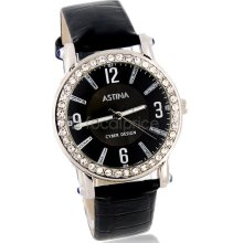 Round Dail PU Leather Strap Analog Watch With Diamonds (Black)