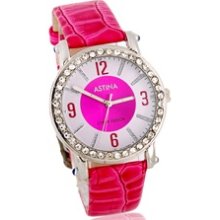 Round Dail PU Leather Strap Analog Watch With Diamonds (Pink)