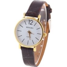 Round Dial Leather Wristband Watch with Numerals for Women