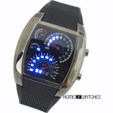 Rpm Turbo Dial Blue White Flash Led Watch Gift Mens Women Sports Car Meter Black