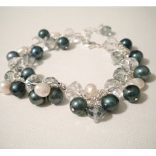 SALE, Bracelet, Teal Bracelet, Pearl Bracelet, Crystal Bracelet, Silver Bracelet, Freshwater Pearl Bracelet, Cluster Bracelet