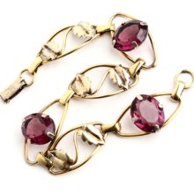 SALE - Vintage 12K Gold Filled Leaf Purple Stone Bracelet - Prong Set Amethyst Glass Jewelry / Leaves on Vine