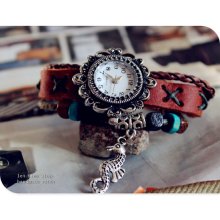 seadragon charm bracelet watch, vintage wrist watch, leather watch,men wrist watch,unique wrist watch,handmade wrist watch,ethical wrist wat