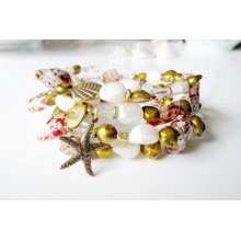 Shell Memory Bracelet, Coil Bracelet, Wrap Bracelet, Shells, Pearls, Antique Brass Starfish Charms