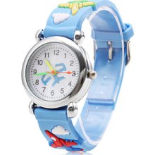 Silicone Analog Quartz Wrist Watch with Cartoon Airplane (Blue)