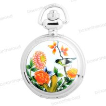 Silver Bird Flower Case Pendant Necklace Chain Quartz Pocket Watch Gift 2