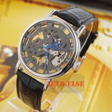 Silver Black Skeleton Mens Hand Wind Wrist Watch Leather Band Blue Hand Fashion