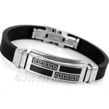 Silver Greek Stainless Steel Black Rubber Men Wrist Chain Bangle Bracelet Us39b0
